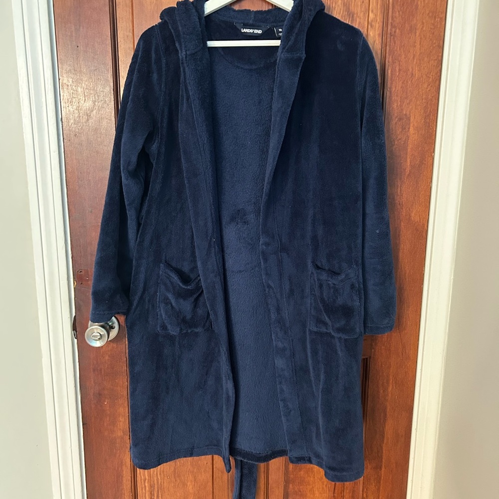 Lands' End Deep Blue Fleece Robe - Picture 2 of 4